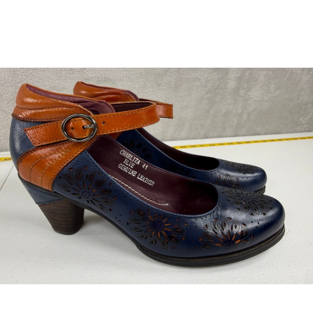 L Artiste Charliza Pumps Womens 41 Blue Leather Floral Whimsygoth Mary Jane Boho